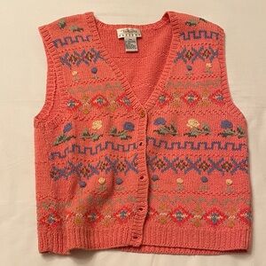 Talbots Coral V-Neck Sweater Vest with Floral Pattern